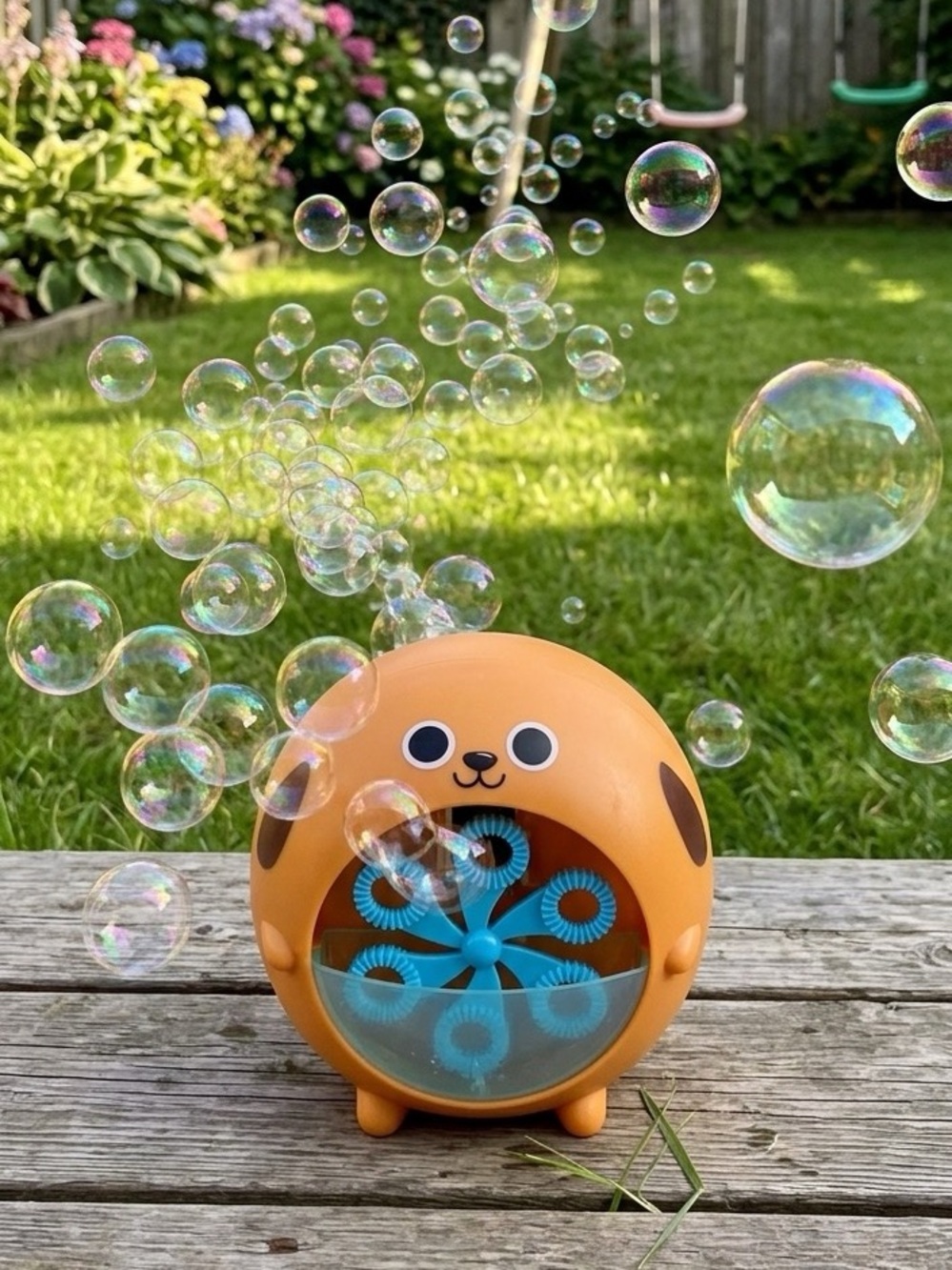 Orange Bubble Machine Toy with Blue Spinner